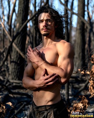 In a burned forest, a shirtless man with long dark hair stands in the sunlight