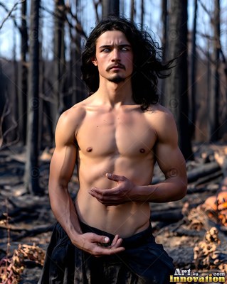 Standing shirtless in a burned forest, a man with white eyes holds out his hands