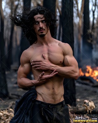 Bare-chested man with long dark hair in a burned forest with fire