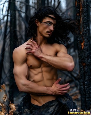 A man without a shirt with windblown black hair stands in a burned dark forest