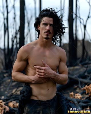 A bare-chested man stands holding his chest in a burned forest under cool gray light