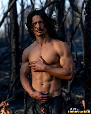 Standing bare-chested in a burned forest, a muscular man holds his hand to his chest
