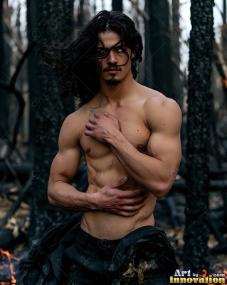 A bare-chested man with long black hair stands in a burned forest