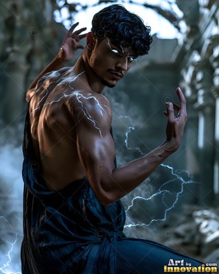 In dark stone ruins, a bare-chested man channels white lightning through his body