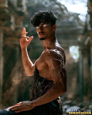 Raising a hand, a shirtless man with bright eyes sits in stone ruins
