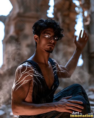 A man crouches in stone ruins with white lightning on his arm and eyes