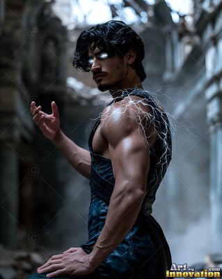 White lightning arcs across the bare shoulder of a man standing in dusty stone ruins