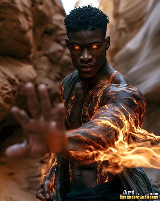 A man reaches his hand forward with flames on his arm and bright orange light in his eyes