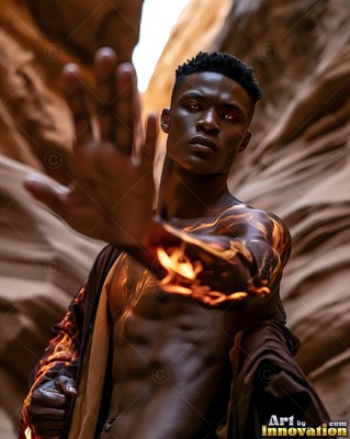 Reaching forward in a desert canyon, a shirtless man has fiery arms