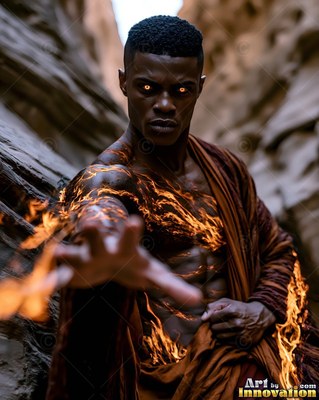 A Black man reaches forward with fire blazing across his dark skin in a canyon