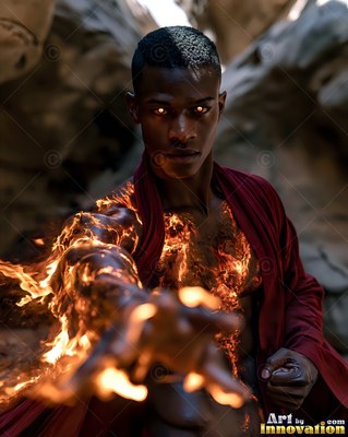 In a rocky canyon, a man in a red robe reaches out with an arm made of fire