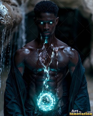 Summoning bright blue magic, a shirtless Black man is standing near water in a cave