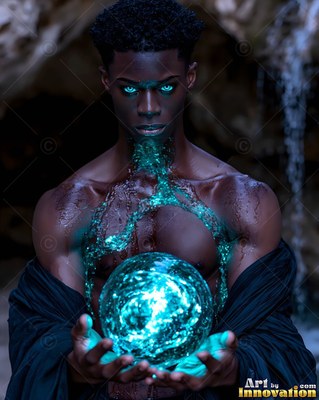 A man holds a bright teal energy sphere in his hands