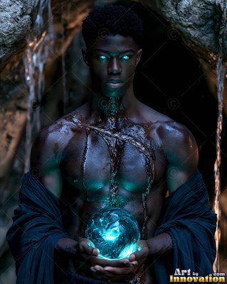 Bright blue eyes mark a man without a shirt in a dark cave as he cups a swirling blue orb