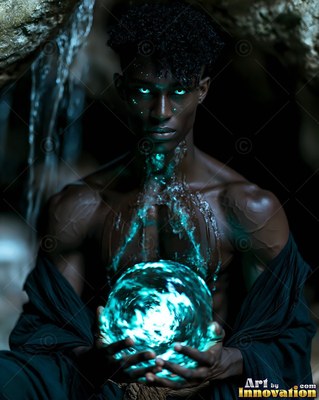 A man holds a bright sphere of swirling water lit with teal light
