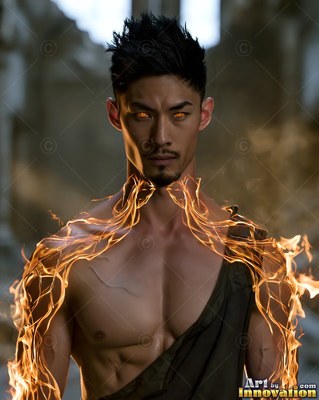 Facing forward in stone ruins, a man is standing with bright flames covering his shoulders