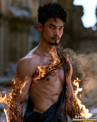 A shirtless man in dark cloth stands outdoors with fire across his chest and arms
