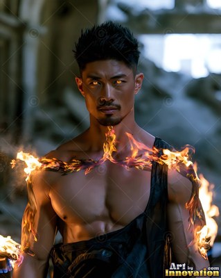 In stone ruins, a shirtless man has bright flames wrapped across his shoulders
