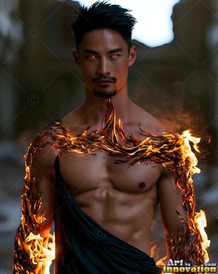 Standing bare-chested in ruins, a man has bright flames wrapping over his shoulders