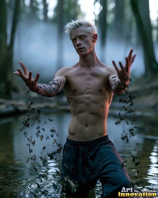 Pale shirtless man raising his hands in a misty forest pond