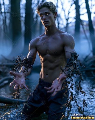 Dark leaves cling to the bare arms of a bare-chested man standing in a dim forest stream