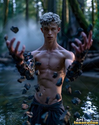 A shirtless man raises his hands to float stones in a forest stream under cool blue light