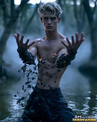 Facing forward in misty water, a shirtless man holds up hands covered in dark rock