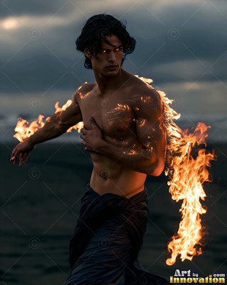 A man without a shirt stands on a dark beach with bright flames trailing from his shoulder
