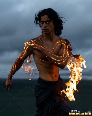 On a dark beach, a shirtless man has bright flames trailing from his arms