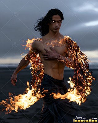 Walking on a dark beach, a shirtless man wears a fiery cloak on his shoulders