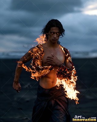 A bare-chested man with bright eyes wears flames across his chest