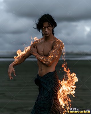 Wearing a dark waist wrap, a man with bright fire on his arms stands on a gloomy beach