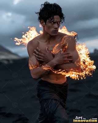 A bare-chested man crosses his arms as bright orange fire wraps his torso