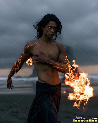 Walking forward on a dark beach, a shirtless man trails fire from his arm