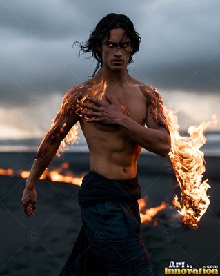 A bare-chested man on a dark beach has bright fire burning along his arms