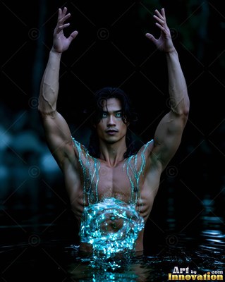 In dark water, a shirtless man raises his arms as bright blue water splashes on him