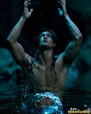 Lifting his hands upward, a bare-chested man rises from dark blue water