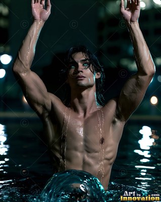 Shirtless wet man raising his arms up in dark water at night