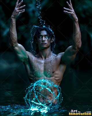 Bright aqua eyes shine on a bare-chested man standing in dark water with wet hair