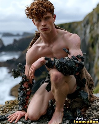 A red-haired man kneels on a cliff as dark rocks float around his arms under gray daylight
