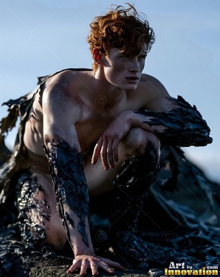 Crouching outdoors on dark rock, a shirtless red-haired man with tar on his arms