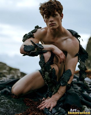 A shirtless man kneels on dark rocks with pieces of black stone floating around his arms