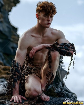 On a rocky cliff, a shirtless man with red hair crouches in dark stone armor