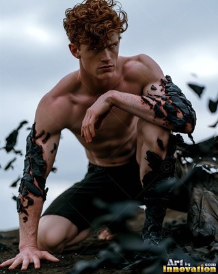 Crouching on dark sand, a bare-chested man with red hair has black stone on his arms