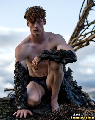 Crouching bare-chested man with bark-like forearms outdoors