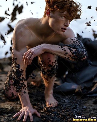 Curly red hair frames a bare-chested man kneeling on dark rocks with flying debris