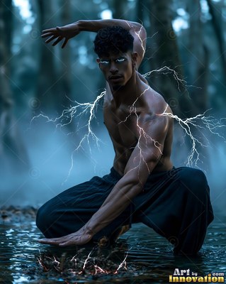 A bare-chested man crouches in shallow water summoning white lightning in a dark blue forest