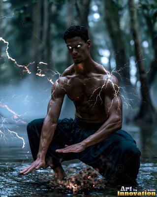 Crouching low in a forest stream, a shirtless man crackles with white lightning
