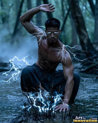 A bare-chested man crouches in a dark forest stream sending blue lightning into the water