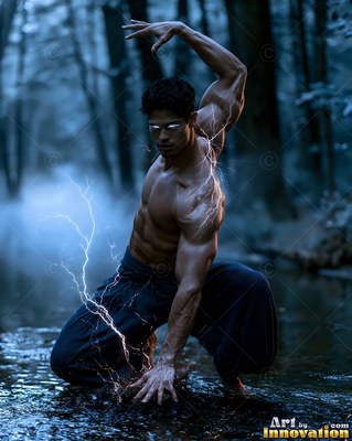 In a misty forest, a man without a shirt crouches in water with lightning on his body
